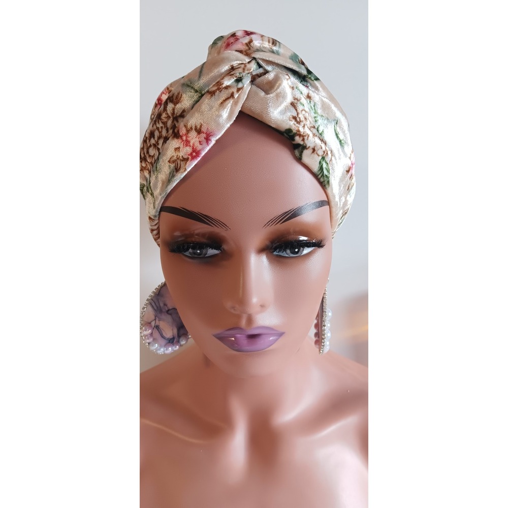 Brown Floral Velvet Front Twist Modest Bohemian Headpiece Hijab Cap Turban